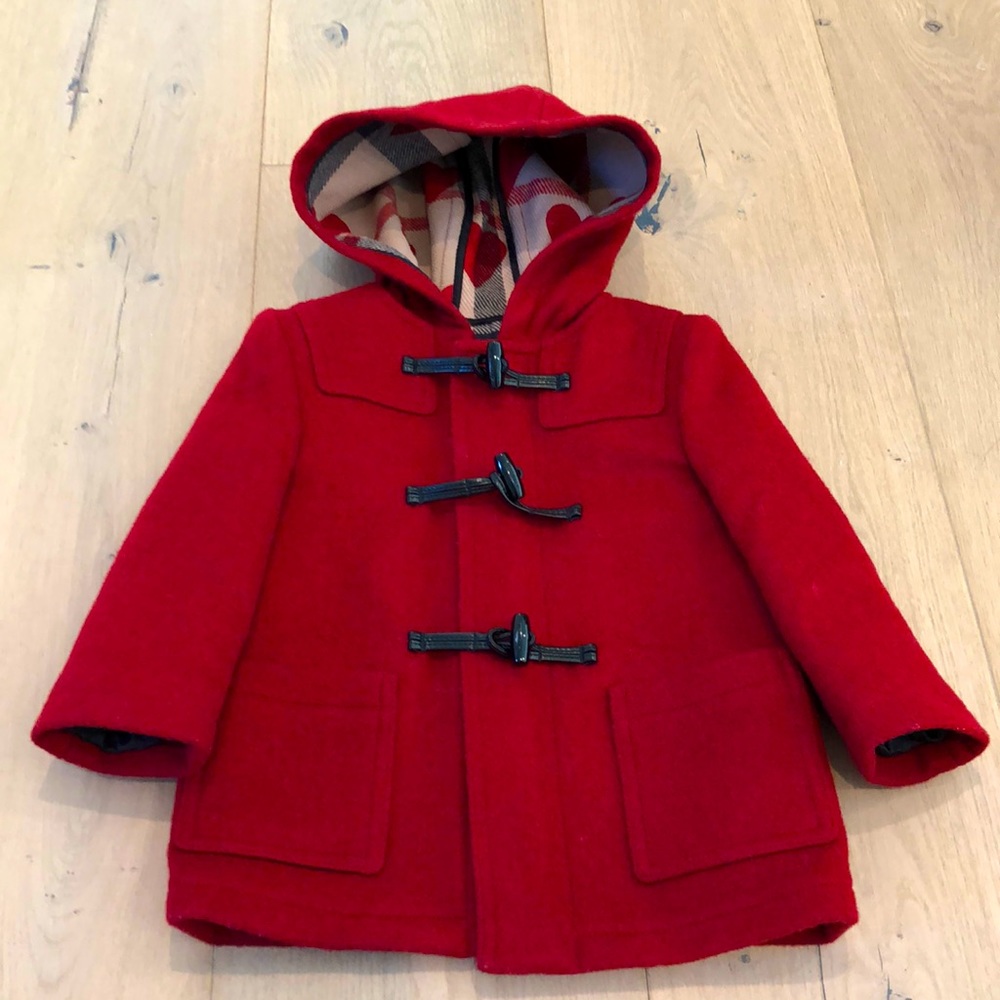 Toddler red toggle coat with heart shapes lining- 2Y/92cm
